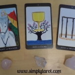 Knight of Wands, Ace of Cups, Five of Wands from The Tarot House Deck