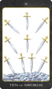 Ten of Swords All the Swords are pointing inwards and down, there is no escaping the sad end of a given situation. The clouds are heavy and turbulent indicating stormy times. But the tens are a completion number – this situation is over. It is time to start looking ahead.