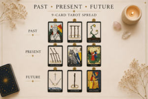 Nine-card past present future tarot spread featuring Simply Tarot cards arranged in a flat lay reading layout
