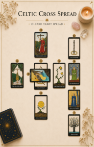 Elegant Celtic Cross tarot spread featuring a traditional 10-card tarot layout on a soft beige background with candles, crystals, and botanical accents.