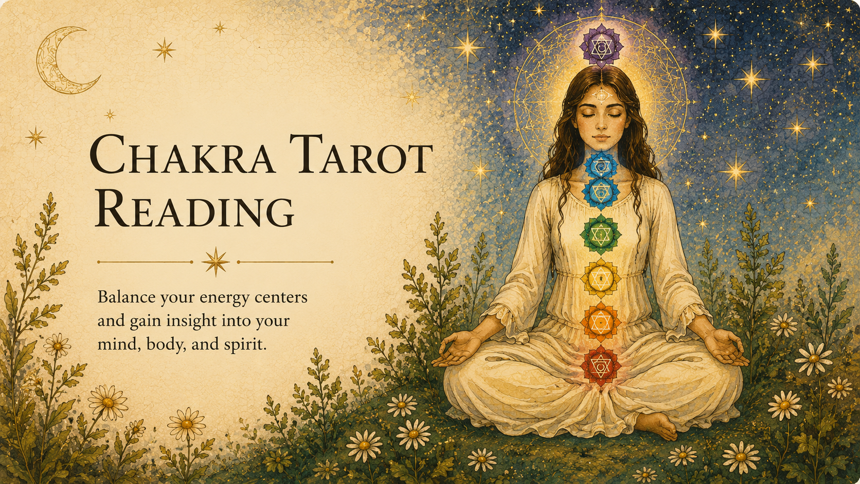 Chakra Tarot Reading banner featuring a meditating woman with glowing chakra symbols beneath a celestial night sky