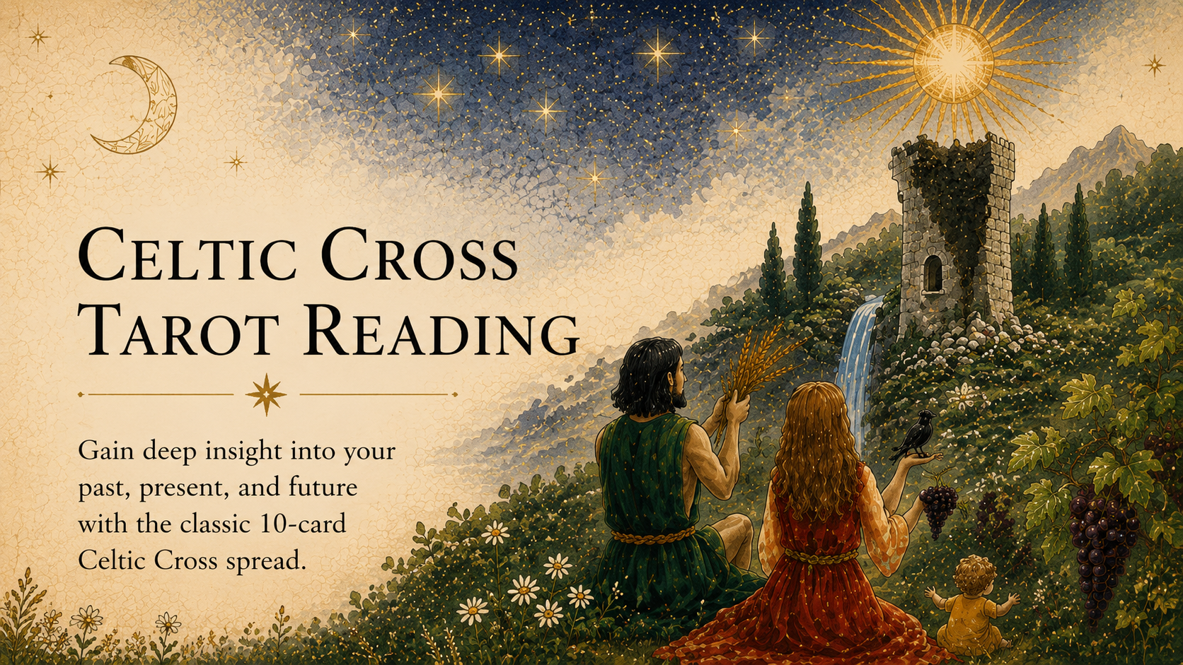 Celtic Cross Tarot Reading banner featuring a mystical landscape with celestial skies, ancient tower and figures overlooking a magical valley