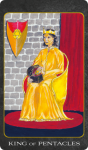 King of Pentacles tarot card showing a crowned king seated on a throne holding a pentacle against a stone castle backdrop.