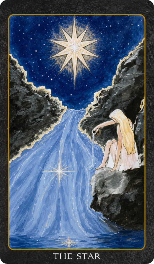 Simply Tarot The Star card featuring a glowing star above a waterfall and a woman pouring water beneath a night sky.