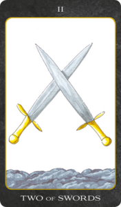 Two of Swords tarot card with two crossed silver swords above stormy clouds